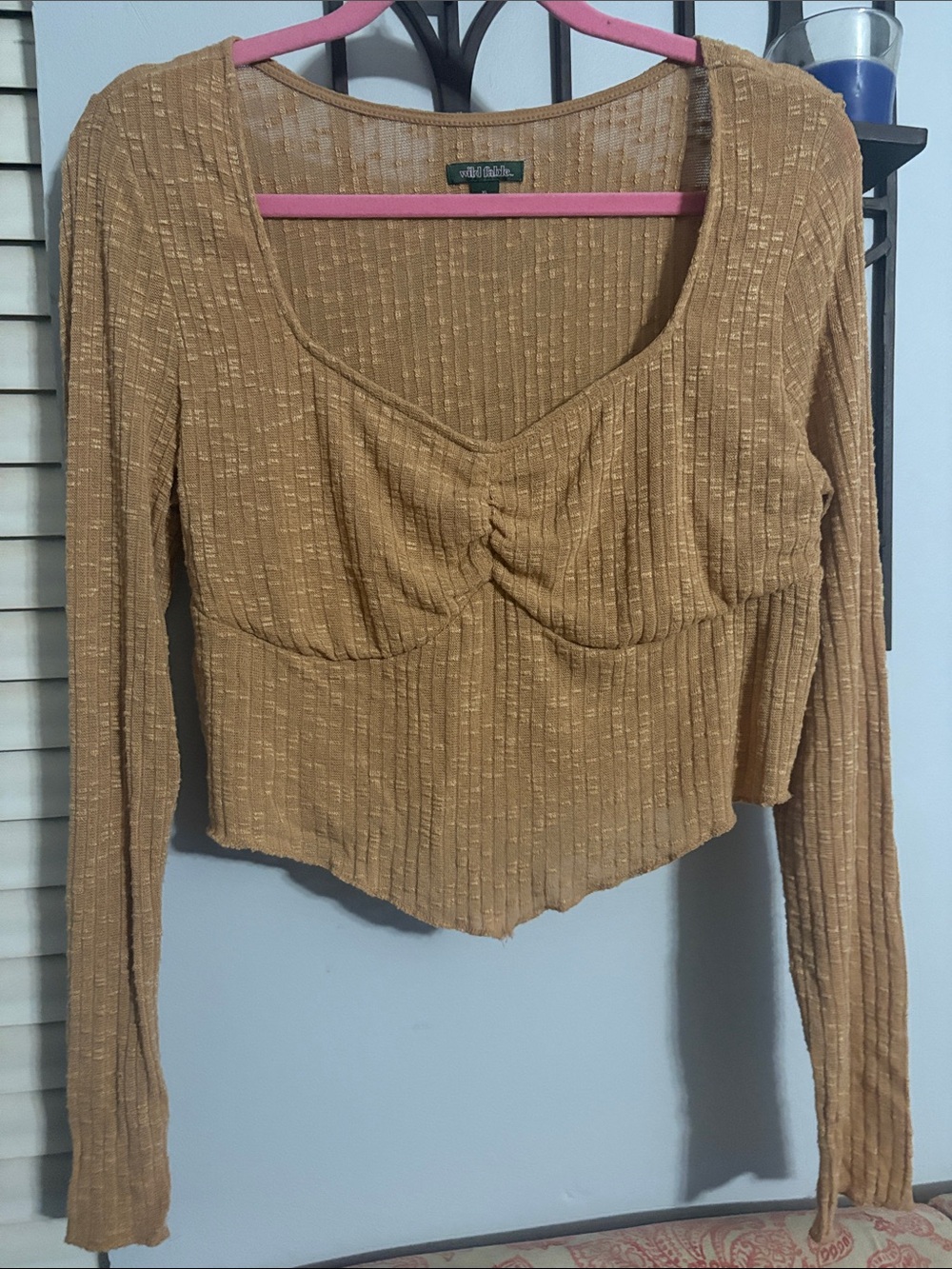 Ribbed Long-Sleeve Crop Top in Camel